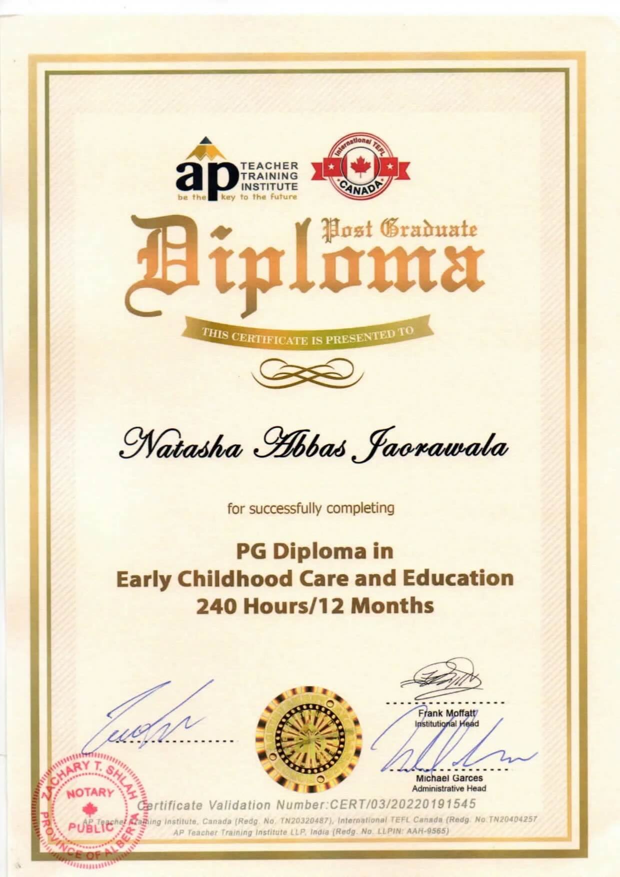 Sample APTTI Certificate - Notarised from Canada